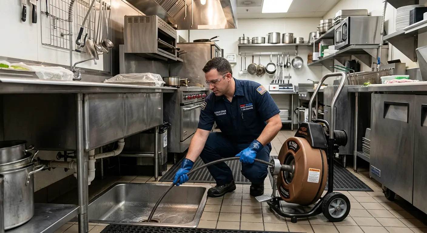 Commercial drain cleaning service in a restaurant kitchen in Fenton