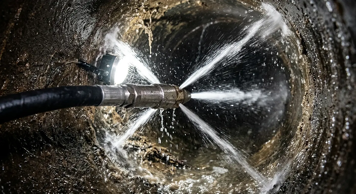High-pressure hydro jetting nozzle cleaning sewer pipe for Sewer Cleanout in Fenton