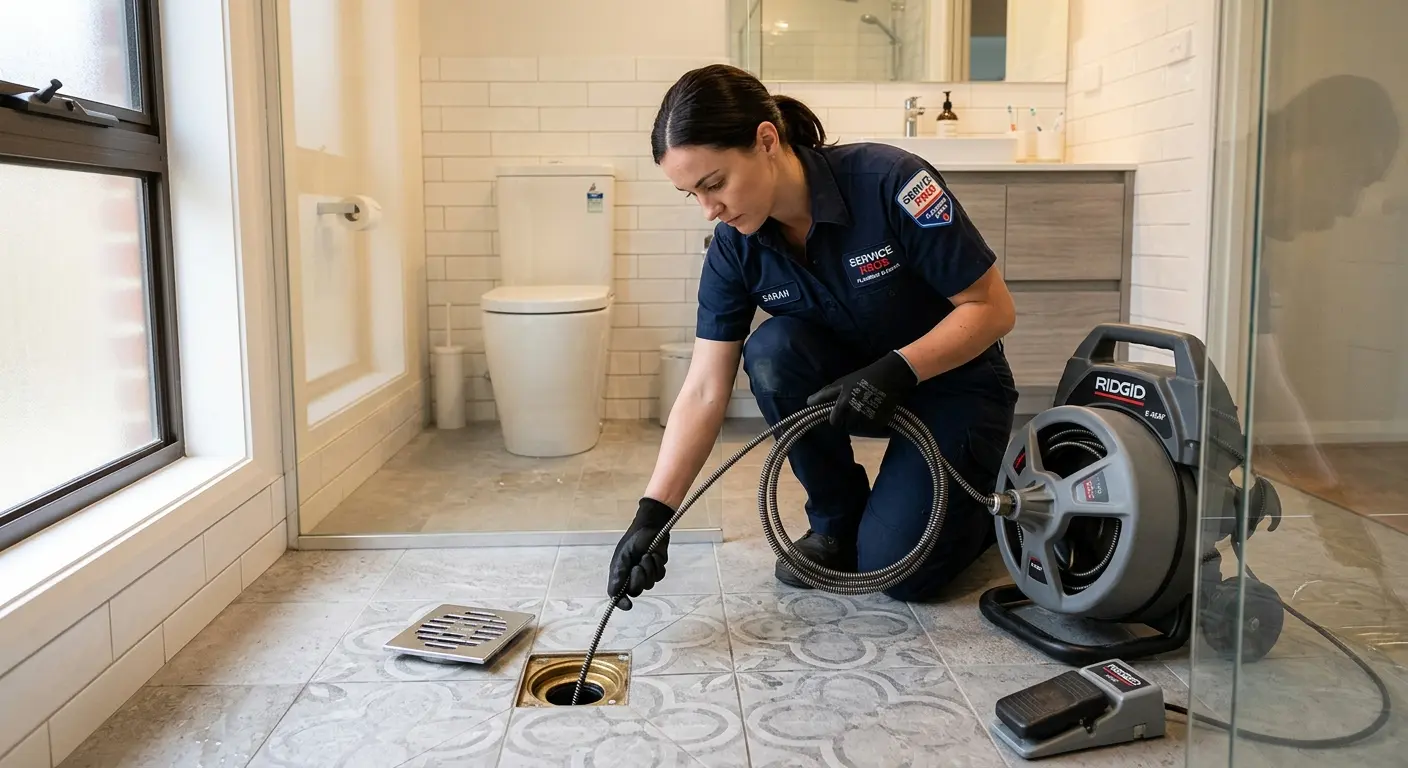 Technician clearing a bathroom floor drain for Hydro Jetting in Fenton